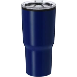 A navy blue insulated travel mug with a clear lid and a built-in straw, featuring a logo.