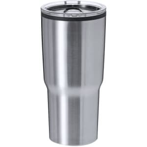 A stainless steel insulated travel mug with a lid and a smooth finish, featuring a logo.