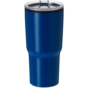 A blue insulated travel mug with a stainless steel lid and a logo.