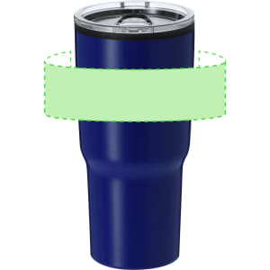 A drink bottle in a deep blue colour with a stainless steel lid and an integrated straw. It has a logo.