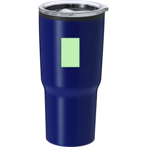 A drink bottle in navy blue, featuring a clear lid and a logo. It is designed for insulation and travel use.