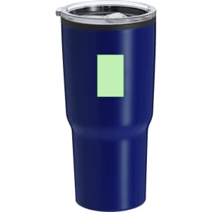 A drink bottle in navy blue with a clear lid and branding on the side.