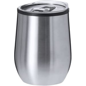 A travel mug with a sleek, stainless steel finish and a black lid, featuring a logo on its side.
