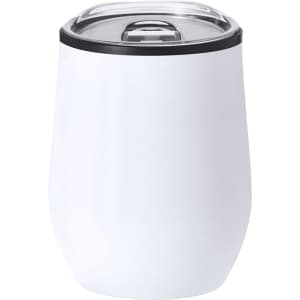 A drink bottle in a sleek white design with a clear lid and a black rim, featuring a logo.