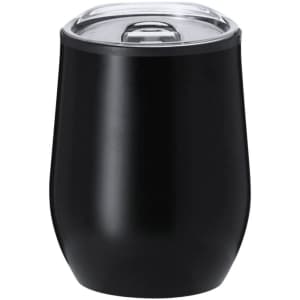 A drink bottle in matte black with a clear lid, featuring a rounded design and a logo.