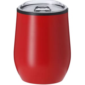A red insulated cup with a clear lid and a round shape, featuring a branding logo.