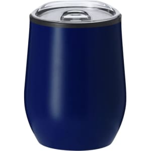 A drink bottle in navy blue with a clear lid and a sleek, tapered design. Features a logo.