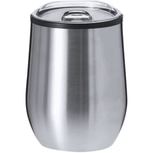A drink bottle with a sleek stainless steel design and a clear, fitted lid. It has a branding logo on the surface.