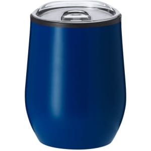 A drink bottle in blue with a clear lid and a sleek, insulated design. Features a brand logo.