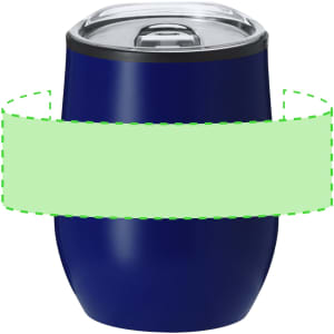 A drink bottle in a navy blue hue featuring a clear lid and a sleek, insulated design. It includes a logo on the surface.
