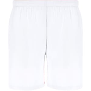 A pair of white dress shorts featuring an elastic waistband and a logo on the side.