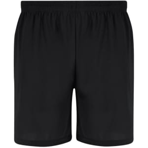 Black dress shorts with an elastic waistband, featuring a simple design and a logo on one side.