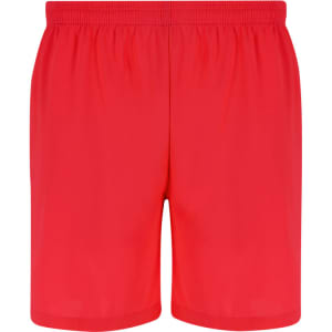 A pair of red shorts with an elastic waistband and no visible pockets, featuring a logo.