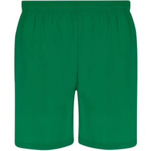 Green dress shorts with an elastic waistband, featuring a logo. Suitable for casual wear.