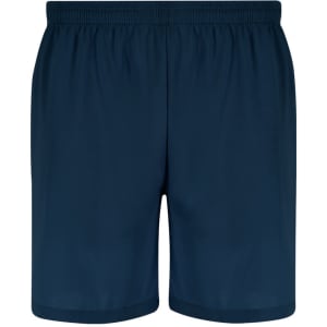 Navy blue dress shorts with an elastic waistband, featuring a logo on the left side.