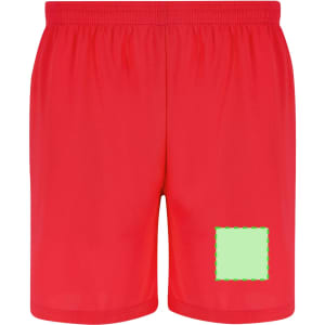 Red dress shorts featuring an elastic waistband and a logo on the lower side.