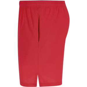 Red kids' shorts with an elastic waistband and a side slit. Features a branding logo.
