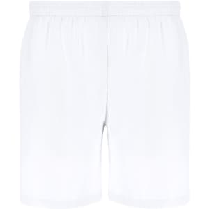 A pair of white kids' shorts featuring an elastic waistband and a simple design. Includes a logo.