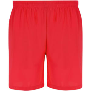 Red shorts with an elastic waistband and a smooth fabric finish. Features a logo.