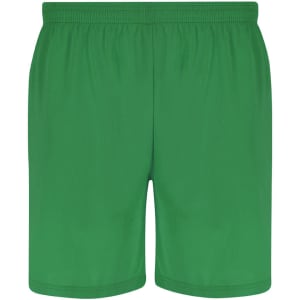 Green shorts featuring an elastic waistband and a plain design, with a logo on the front.