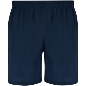 Navy blue shorts with an elastic waistband and a simple design. Features a logo on the front.