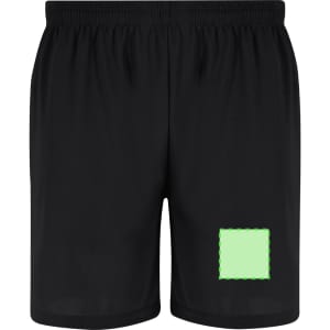 Black shorts featuring an elastic waistband and a green square design on the front. Includes a logo branding.