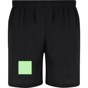 Black kids' shorts featuring a green square design and an elastic waistband. Includes a logo on the shorts.
