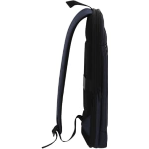 A slim navy blue backpack features adjustable straps and a zippered closure, with a logo on the exterior.