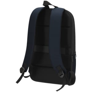 A navy blue backpack with padded straps and a sleek design. It features a logo.