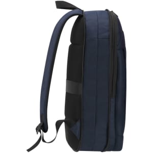 A navy blue backpack with a sleek design, featuring padded straps and a logo on the side.
