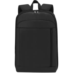 A black backpack with a front zip pocket and two shoulder straps. It features a logo on the front.