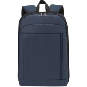 A navy backpack with a zippered front pocket and padded shoulder straps. Features a logo on the front.