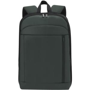 A dark green backpack featuring a zippered main compartment and front pocket, with padded shoulder straps.