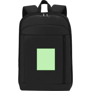 A black backpack with a front zip pocket and a green square design, featuring padded shoulder straps.