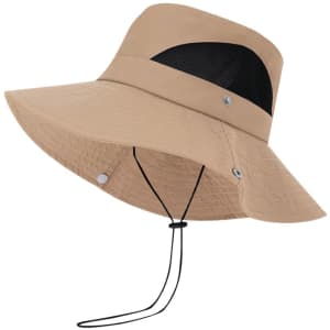A tan bucket hat with a wide brim, mesh panel, and adjustable chin strap. Features a logo.