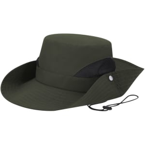 A dark green brimmed hat with a mesh side panel and adjustable chin strap. It features a branding logo.