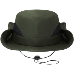 A green bucket hat with a wide brim and mesh side panels, featuring a drawstring for adjustment.