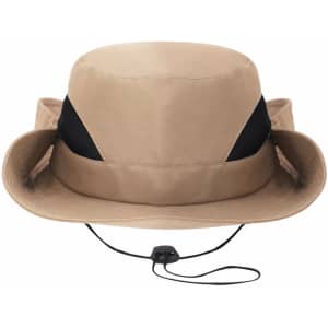 A beige bucket hat with mesh sides and a drawstring. It features a subtle logo.