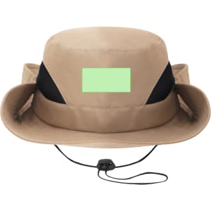 A tan bucket hat with a wide brim and mesh side panels, featuring a logo on the front.