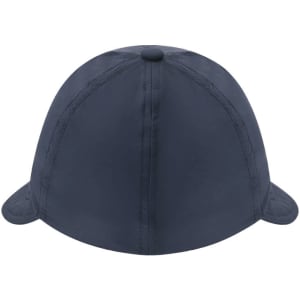 A navy blue cap with a rounded crown and extended brims, featuring a simple design and a logo.