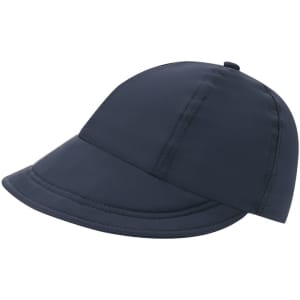 A navy blue cap with a rounded peak and structured design, featuring a logo on the front.