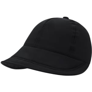 A black Yilmur Cap featuring a rounded crown and curved peak, with a branding logo on the side.