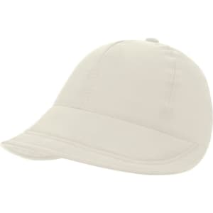 A light beige cap with a curved brim and a button on top, featuring a logo.