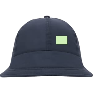 A navy cap with a flat brim and a small square logo on the front.