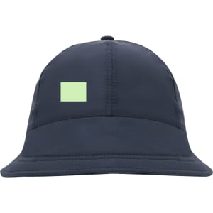 A navy blue cap with a structured design and a small logo patch. The cap features a wide brim.