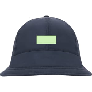 A navy cap featuring a smooth, rounded crown and a small logo or branding area.