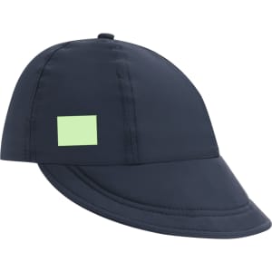 A navy cap with a curved peak and a small green patch, featuring a logo.