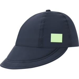A navy blue cap with a curved brim and a green rectangular patch. It features a logo on the side.