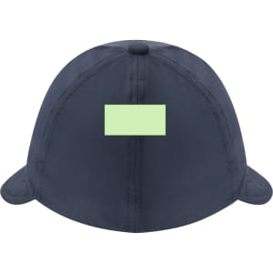 A navy blue cap with a flat brim and a blank rectangular area on the back. It features a logo.