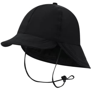 A black cap with a wide brim and adjustable chin strap, featuring a logo on the front.